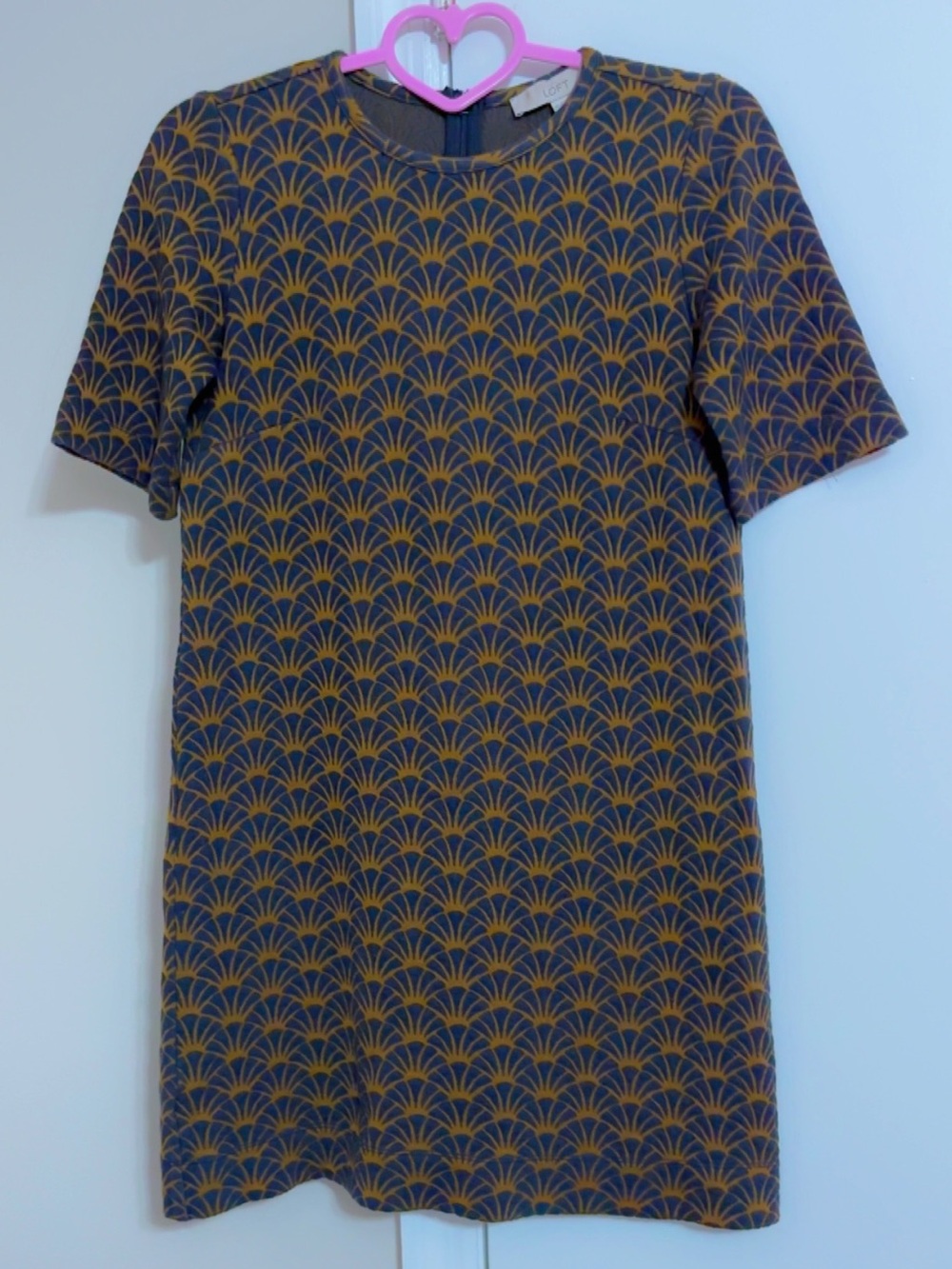 LOFT Navy Shift Dress with Mustard Fan Print